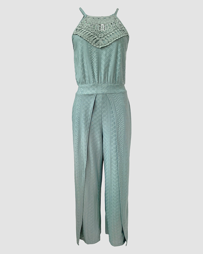 2 Pieces Outfit Halter Tie Guipure Lace Spliced Front Hollow-out Back Top and Elastic Back Waist Wrapped Slit Pants Set Casual Jacquard Textured Vacation Set