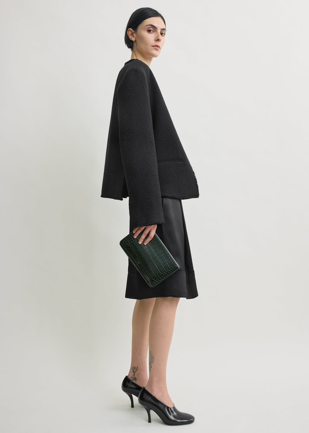 Open-front bouclé blazer black