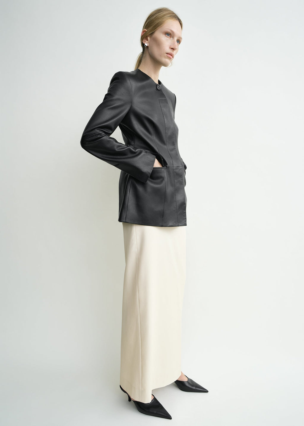 Collarless leather jacket black petite