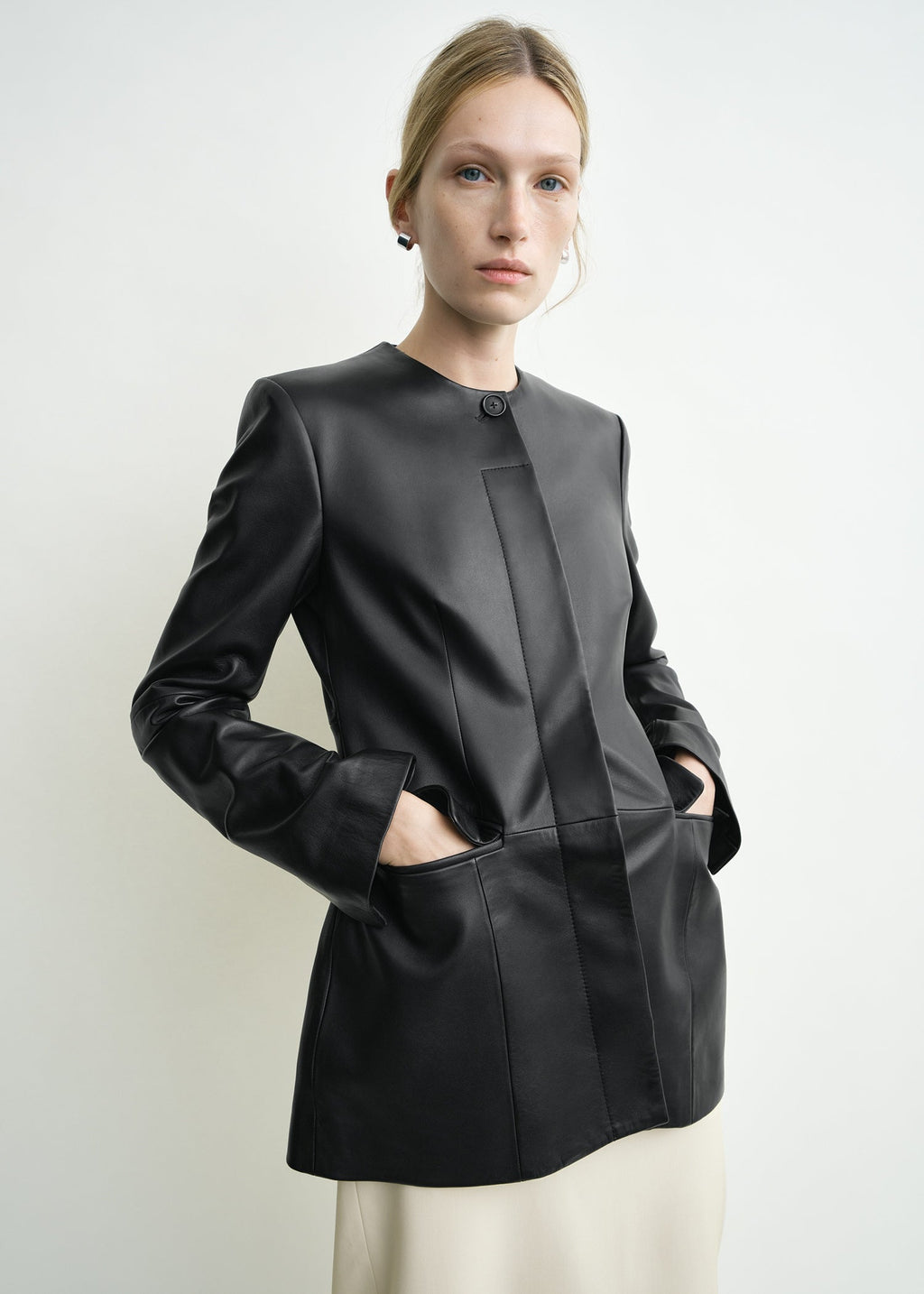 Collarless leather jacket black petite