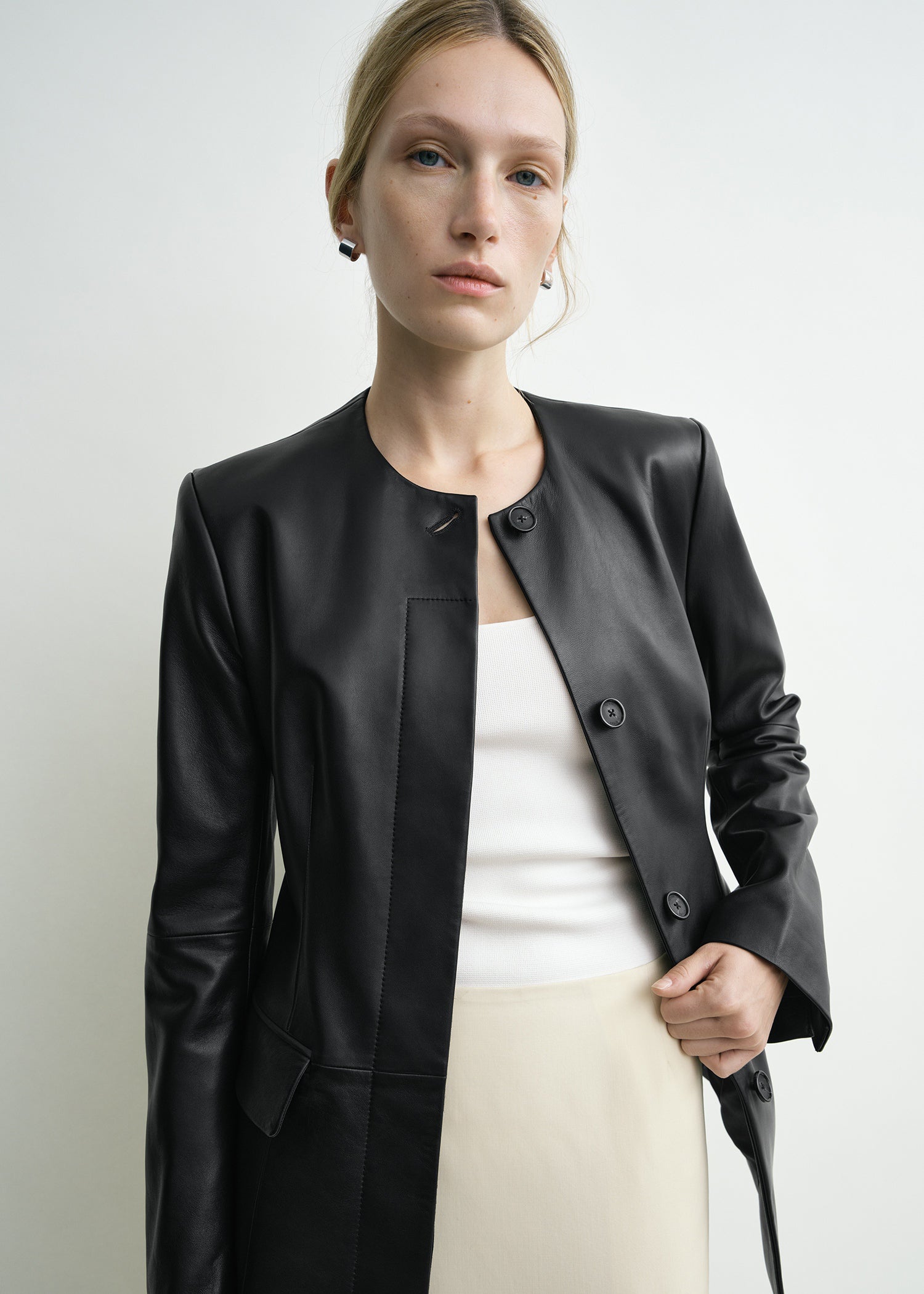 Collarless leather jacket black petite